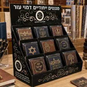 Tiered cardboard counter display holding faux leather Judaica magnets-1