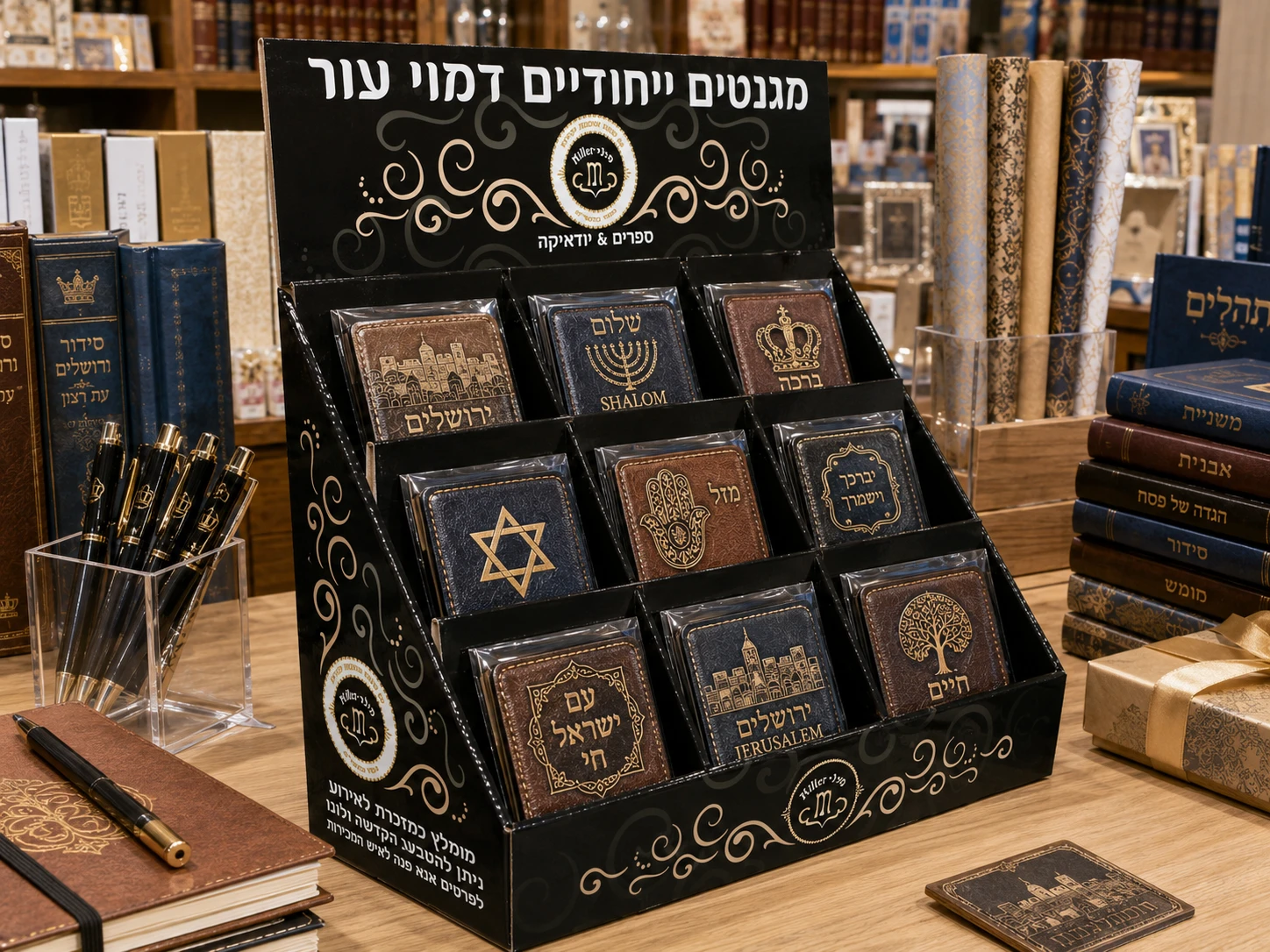 Tiered cardboard counter display holding faux leather Judaica magnets-1