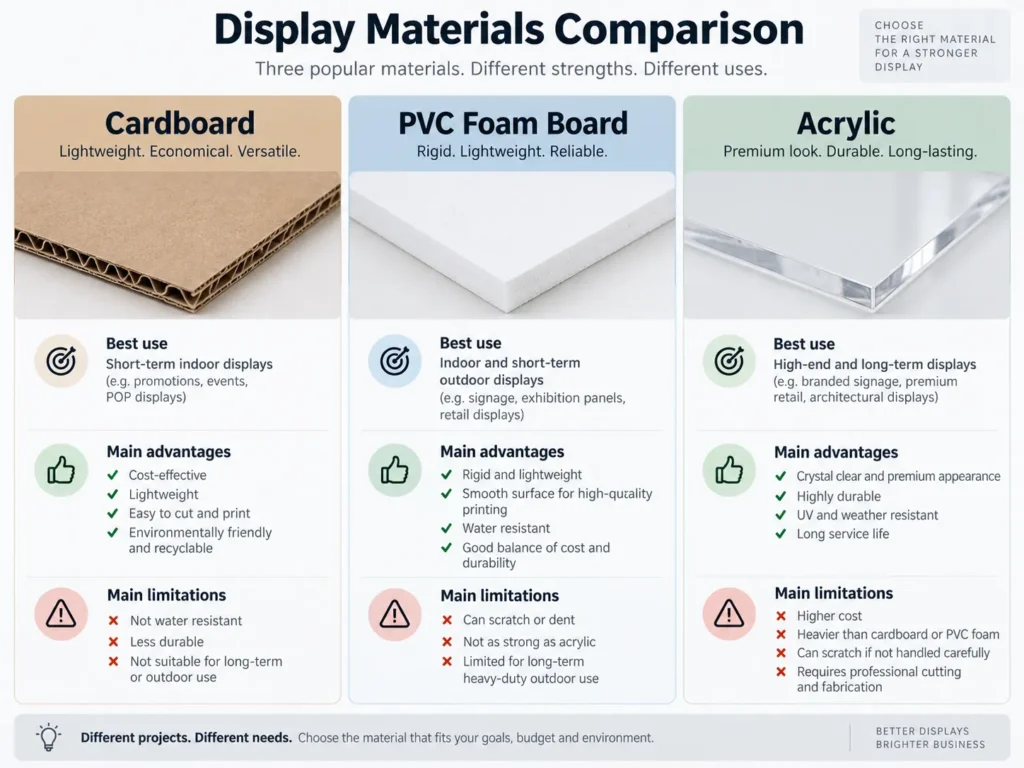 Compare cardboard pvc foam board acrylic display stand